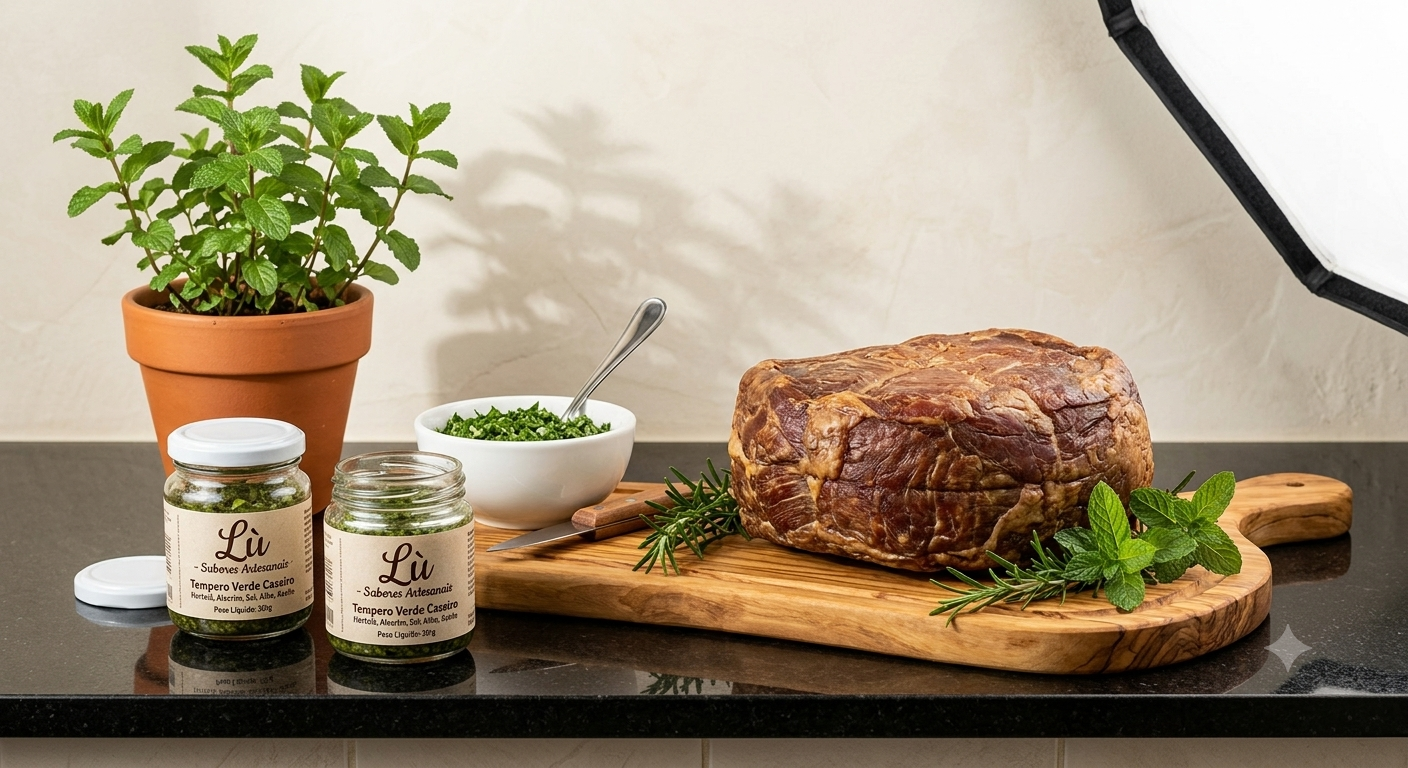 Lù Sabores Artesanais — Tempero Verde Caseiro com potes, ervas frescas e carne assada